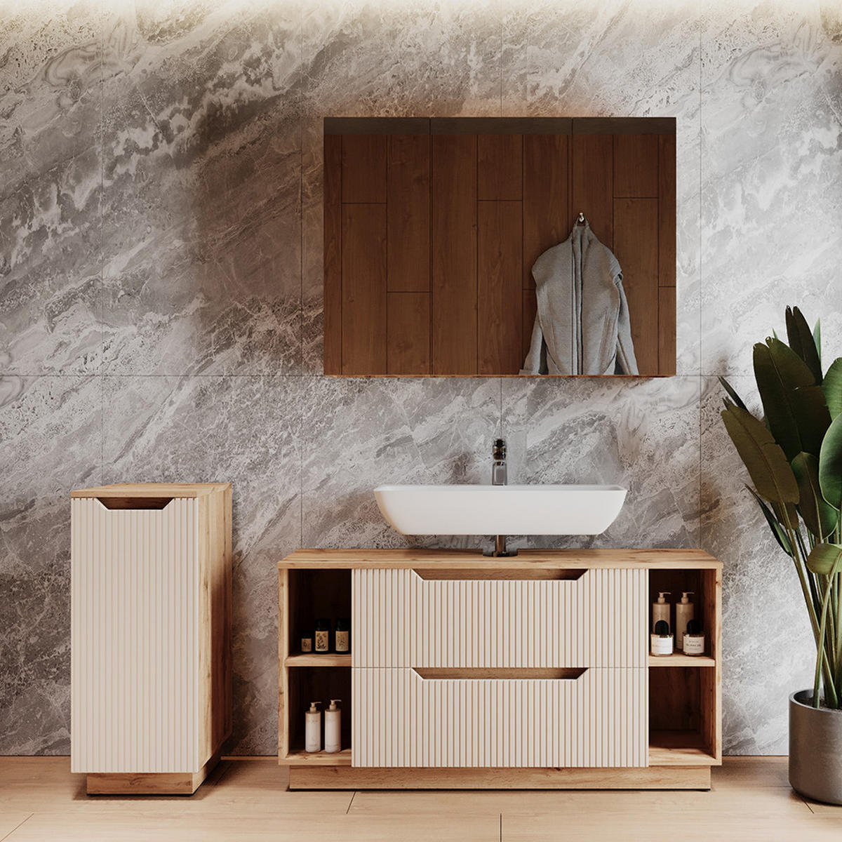 BADMÖBEL-SET Lotta Eiche/Kaschmir gestreift 3 Teile - Kaschmir/Eichefarben, Holzwerkstoff (119.2/62.5/35cm) - Vicco