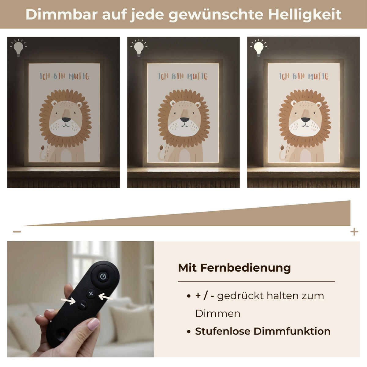 WANDLEUCHTE MIT AKKU Löwe - Beige - Tier - Mutig - Zitat 30x40 cm - Beige, Holzwerkstoff (30/40/8cm) - OnlyWow