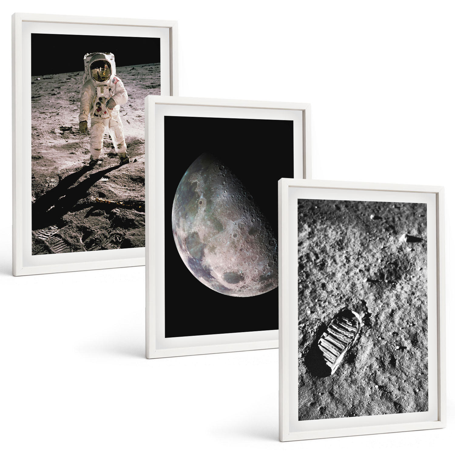 BILDER SET 3er Set - 40x60 cm Weißer Rahmen - Astronautenfoto vom Mond - Weiß, Kunststoff (40/60cm) - TULUP