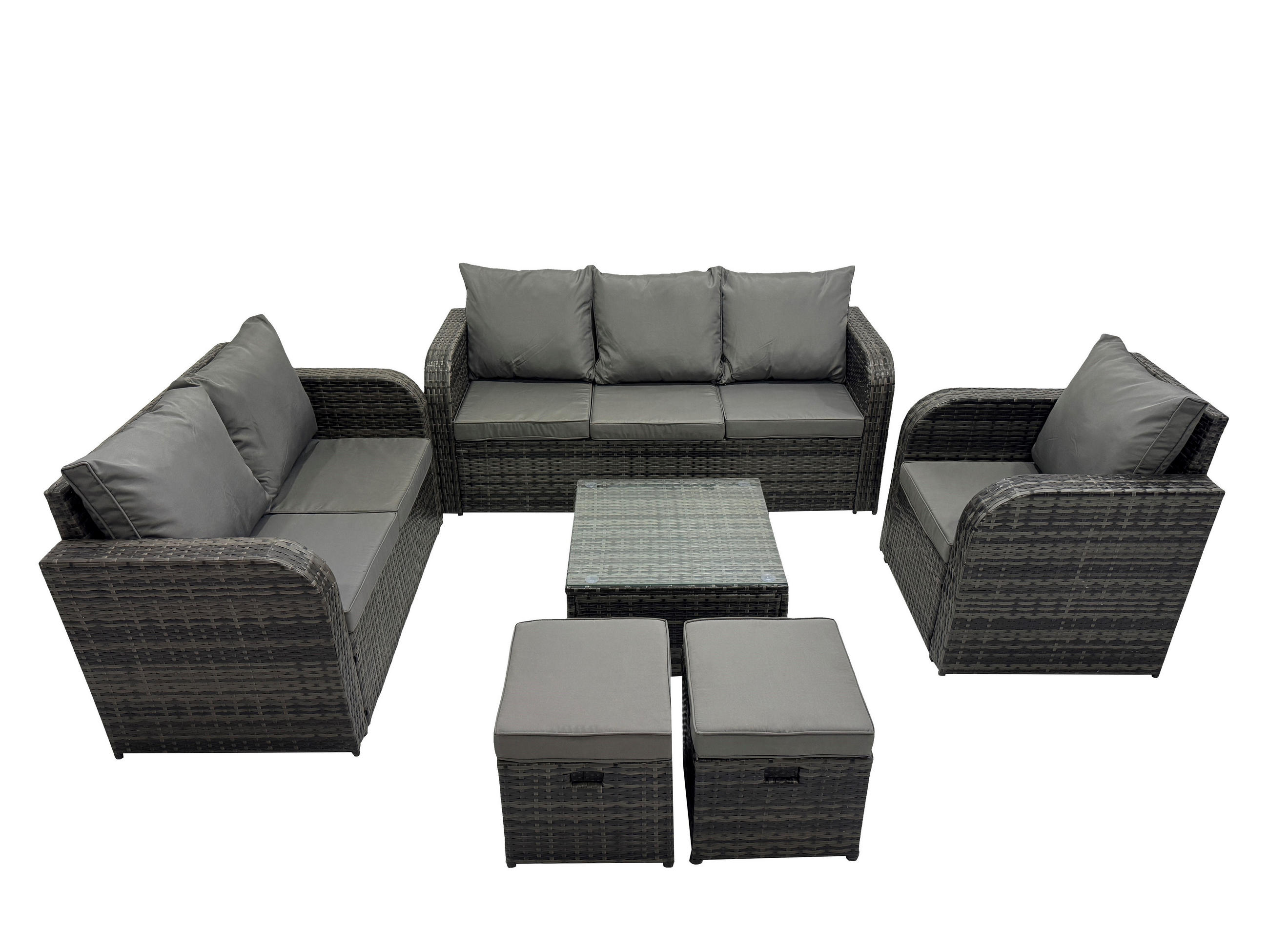 GARTENTISCHGRUPPE Polyrattan Dunkelgrau 6-teilige - Dunkelgrau/Grau, Glas/Kunststoff - Fimous