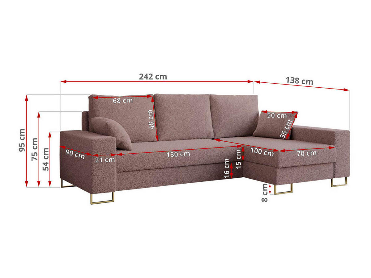 ECKSOFA Dorian Boucle Rosa - Goldfarben/Rosa, Textil/Metall (242/138cm) - MKS