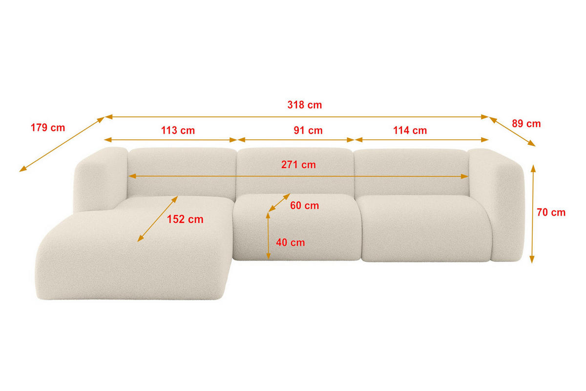 ECKSOFA Ottomane Links MIRA-L2 318x179x89 Beige Bouclé - Kaschmir/Beige, Holzwerkstoff/Kunststoff (318/179cm) - ALTDECOR