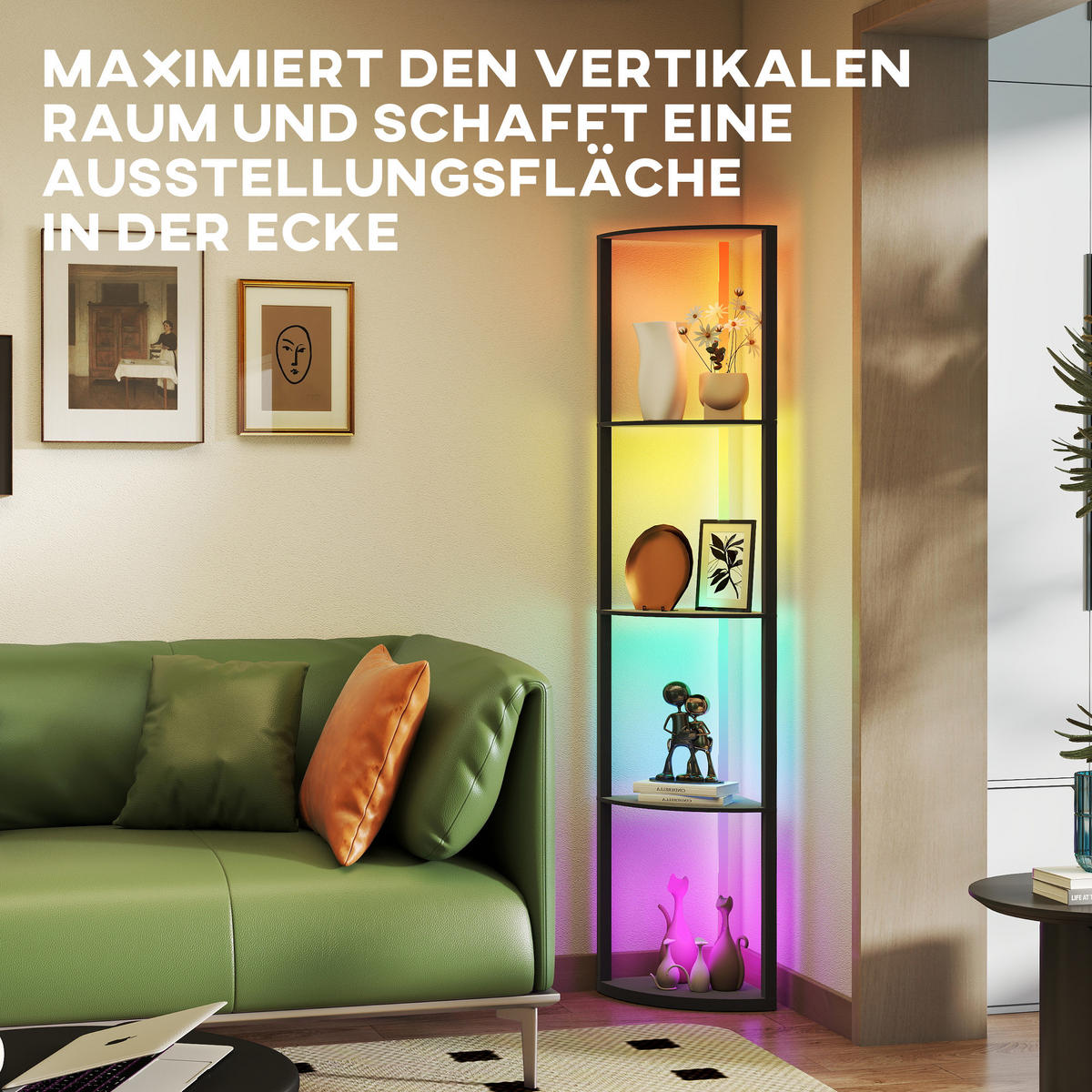 LED Stehlampe 5-stufige dimmbar Stehleuchte mit Regal, RGB Farbwechsel - Schwarz, Holzwerkstoff (42/29.5/163cm) - HOMCOM