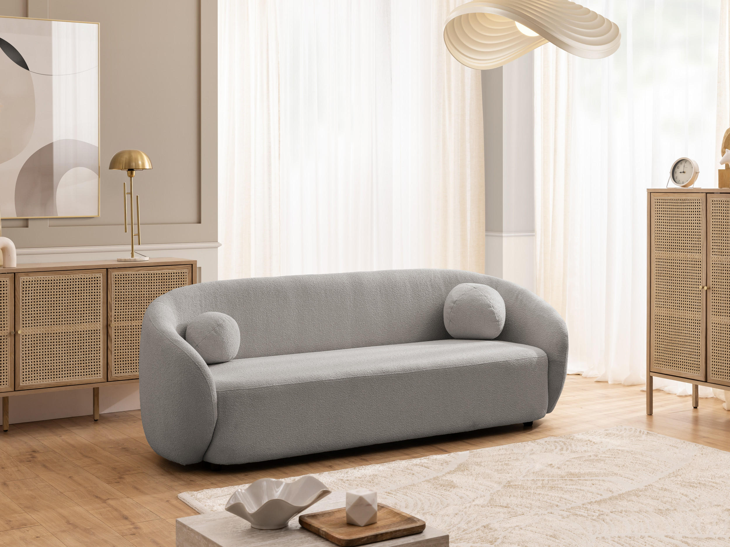 3-SITZER-SOFA Roundi Grau Bouclé - Schwarz/Grau, Holz/Kunststoff (208/76/80cm) - S-Style Möbel