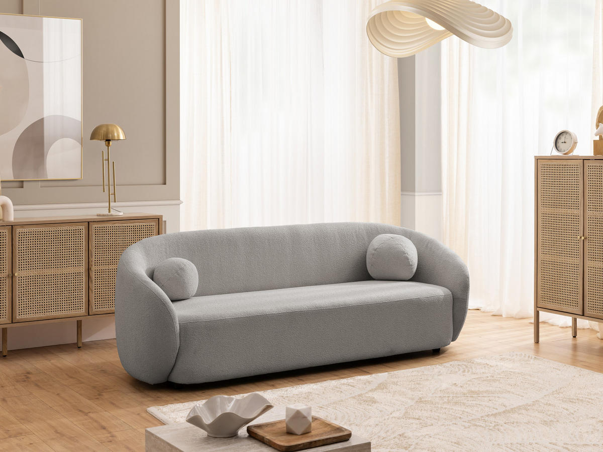3-SITZER-SOFA Roundi Grau Bouclé - Schwarz/Grau, Holz/Kunststoff (208/76/80cm) - S-Style Möbel