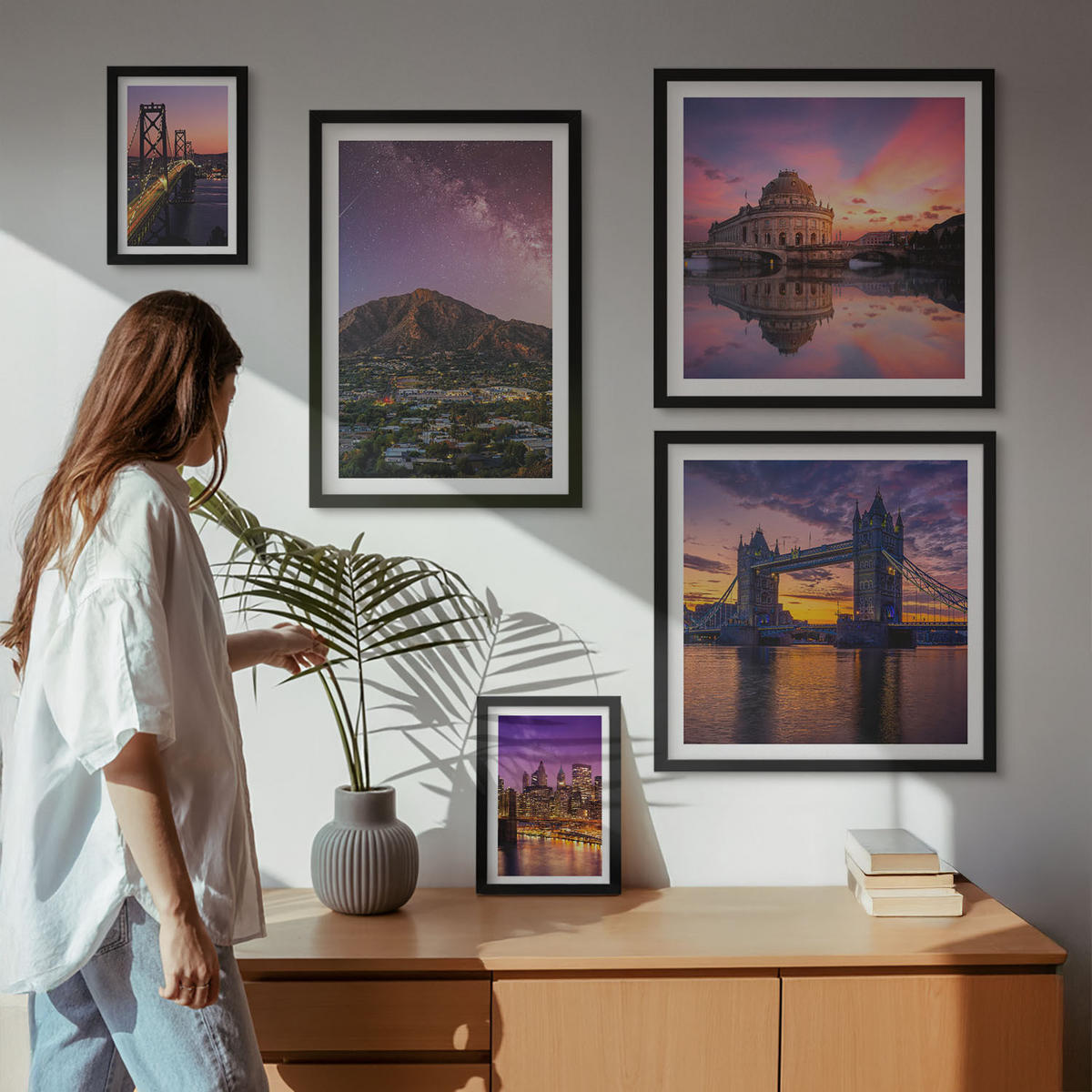 BILDER SET 5er Set - 50x50 cm & 20x30 cm & 40x60 cm Schwarzer Rahmen - Brücken, Sonne, Stadtblick - Schwarz, Kunststoff (40/60cm) - TULUP