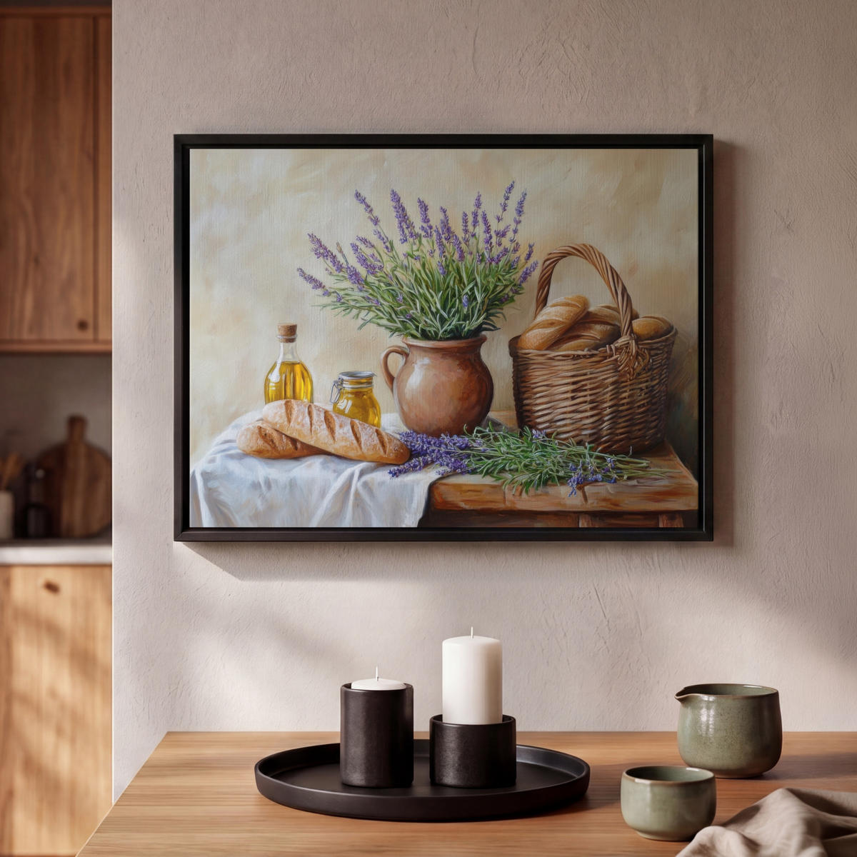 LEINWAND Bilder mit Rahmen - Lavendel - Brot - Stilleben - 40x30 - Flieder, Textil (40/30cm) - MuchoWow