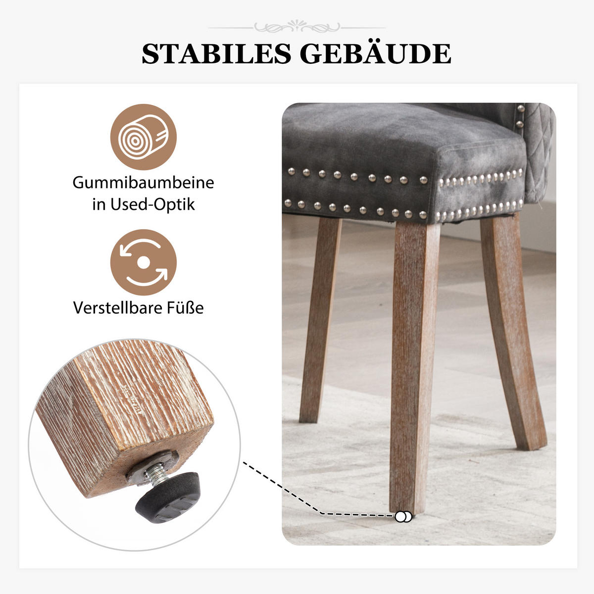 POLSTERSTUHL 2er-Set mit Massivholzbeinen, höhenverstellbar und Türklopfer-Design, heller grau - Grau, Textil (53/95/46.5cm) - Luhomfu