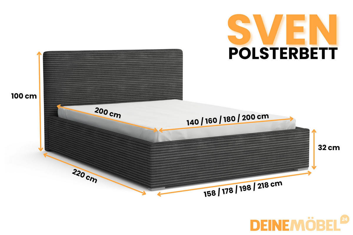 POLSTERBETT SVEN 160/200 in Cord Anthrazit - Anthrazit, Holz/Holzwerkstoff (160/200cm) - Deine Möbel 24