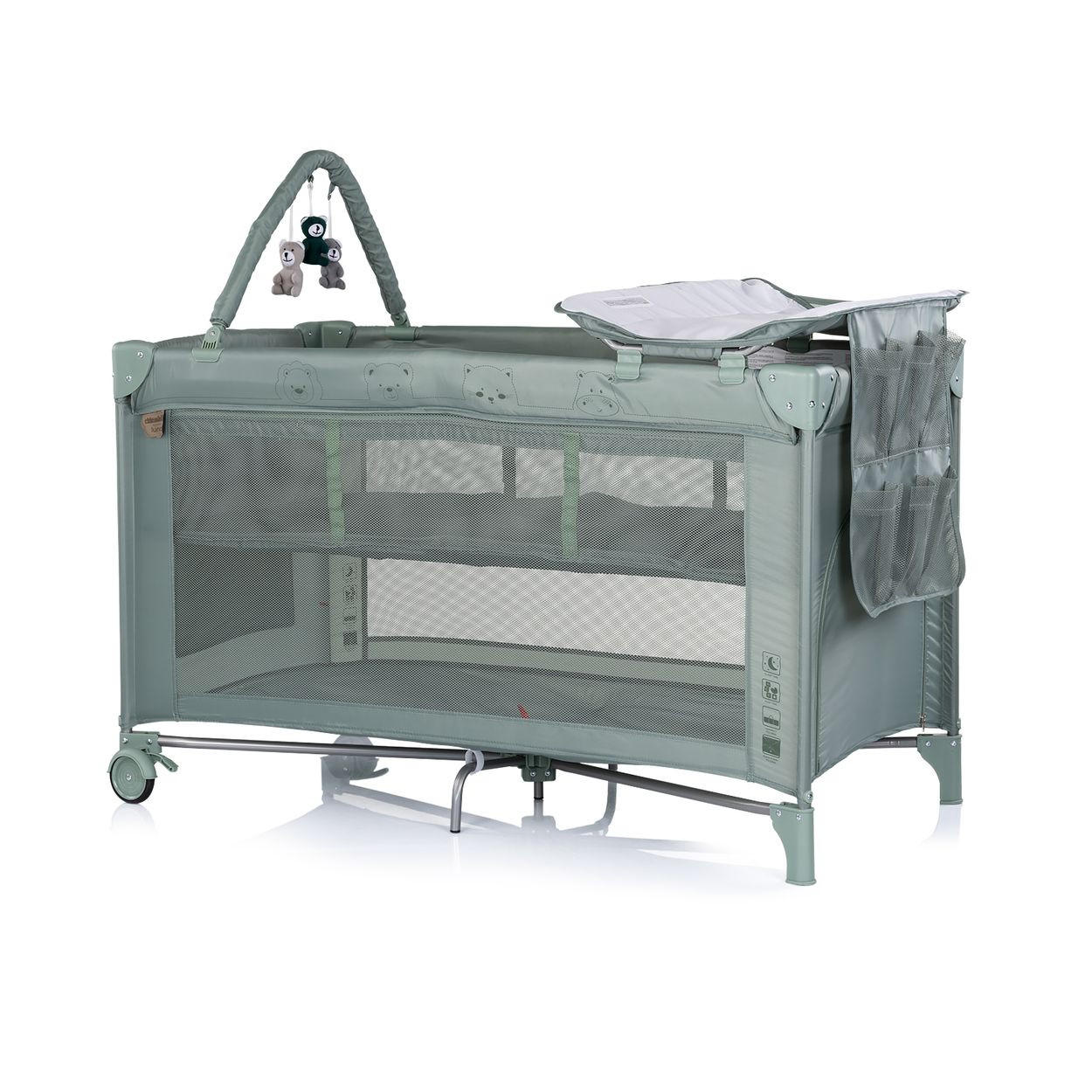 BABYREISEBETT Luna grün grau Wickelauflage, Spielbogen, Faltmatratze, Seiteneingang, 2 Ebenen - Grün, Metall (60/120cm) - Chipolino