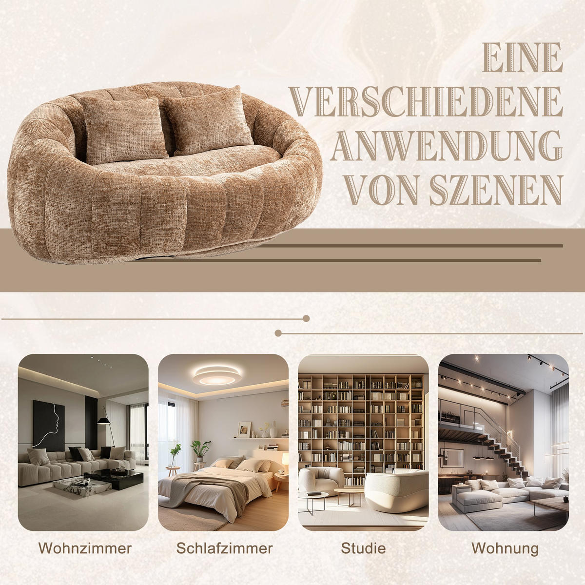 SITZSACK Chenille, Sofa mit 3 extra Kopfkissen,Braun - Braun, Textil (145/63/95cm) - LVHOM