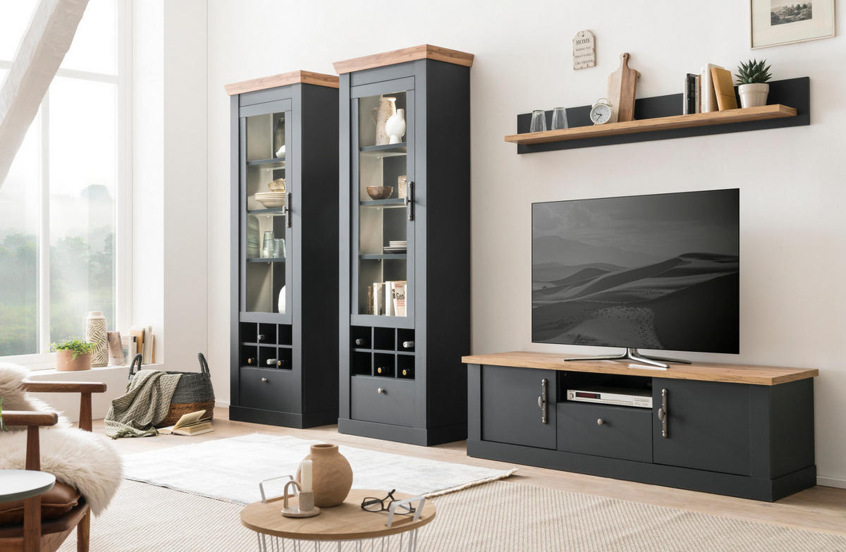 TV-LOWBOARD grau, Eiche Wotan, Landhaus 158 cm, TV Unterteil mit Soft-Close - Silberfarben/Eiche Wotan, Holzwerkstoff/Kunststoff (158/51/45cm) - Furn.Design
