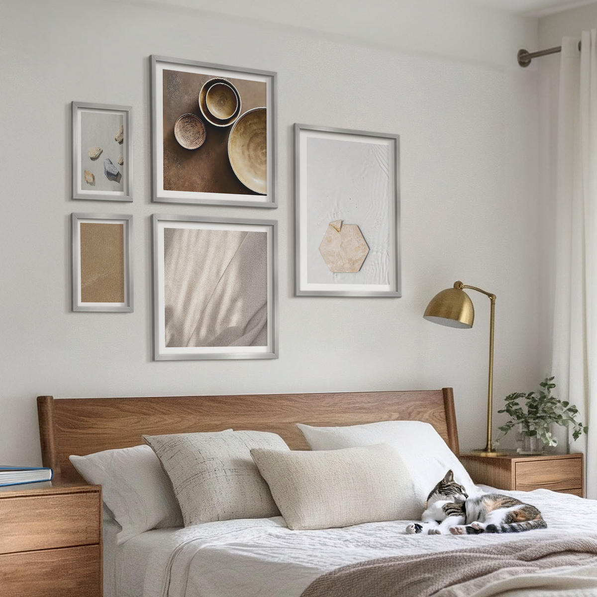 WANDBILDER 5er Set - 50x50 cm & 20x30 cm & 40x60 cm Silberner Rahmen - Minimalistische warme Texturen - Silberfarben, Kunststoff (40/60cm) - ArtPrintCave