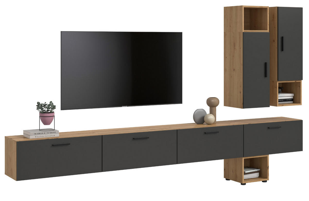 WOHNWAND grau, Eiche Artisan 300 cm, Wohnkombination hängend / stehend - Schwarz/Eiche Artisan, Holzwerkstoff/Kunststoff (300/178/34cm) - Inn.Furn