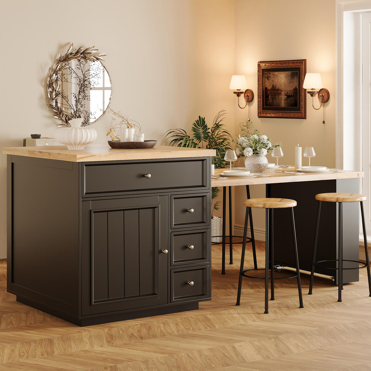 KÜCHENINSEL Ausziehbar mit Schubladen fahrbar mit Rollen für Küche und Essbereich Schwarz MDF 120 bis 184 cm - Schwarz, Holzwerkstoff/Metall (184/94/70cm) - EVRYAE