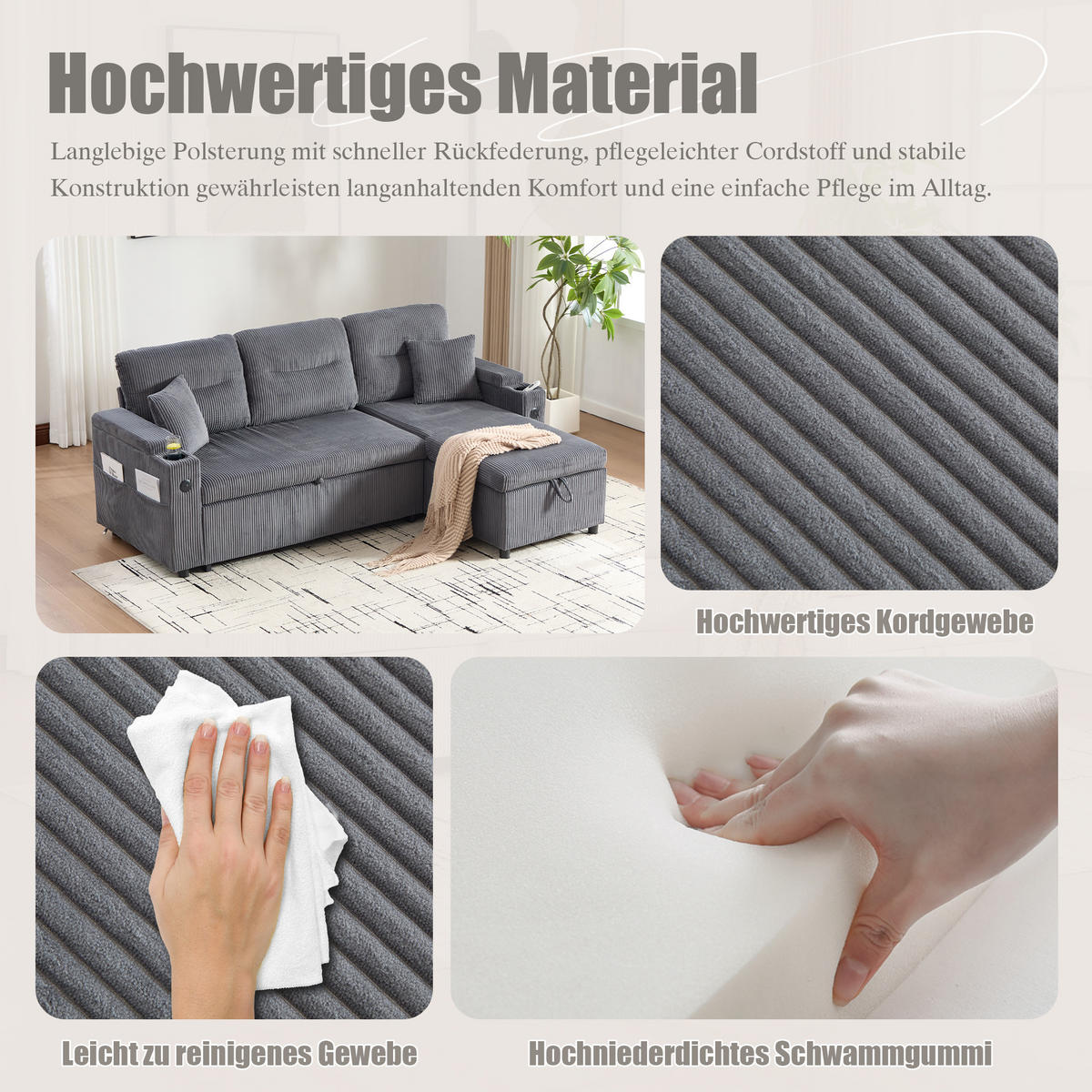 ECKSCHLAFSOFA 3-Sitzer Cord mit Stauraum Schubladenbett und USB-Anschluss Kohlegrau 212,5/136/86 cm - Grau, Textil (136/212.5cm) - Redom