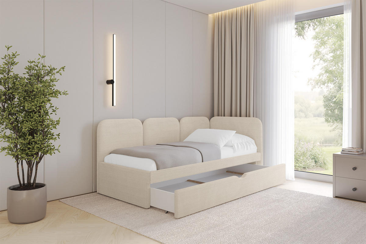 EINZELLBETT Jugendbett mit Bettkasten, Links - ALVY 100x200 Beige - Creme, Holzwerkstoff/Textil (100/200cm) - ALTDECOR