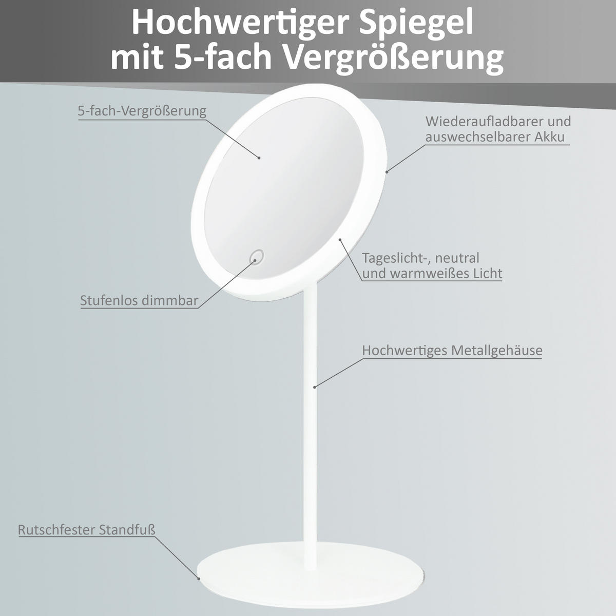 LED-KOSMETIKSPIEGEL - 5-fach Vergrößerung, 3 Lichtfarben dimmbar per Touch, Metallgehäuse in Weiß, Akku - Weiß, Metall (16/34/16cm) - Northpoint