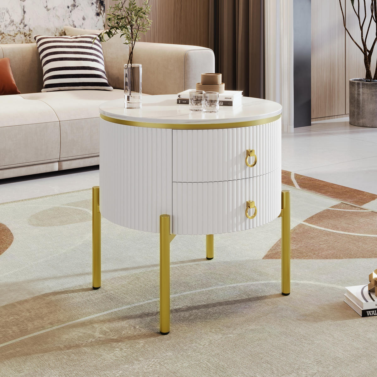 BEISTELLTISCH 50/50/51 cm Weiß aus Holzwerkstoff mit 2 Schubladen und höhenverstellbaren Beinen - Weiß, Holzwerkstoff (50/50/51cm) - OKWISH