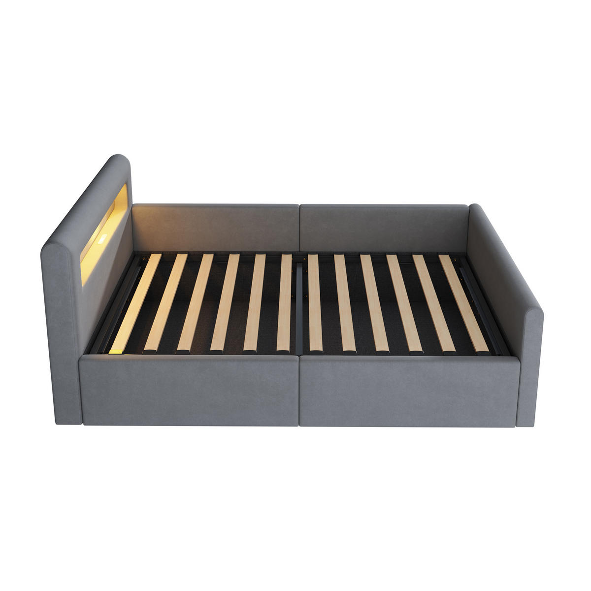 KINDEREINZELBETTEN aus Samtstoff 90 x 200 cm in Hellgrau mit LED, USB & Stauraum - Hellgrau, Textil (90/200cm) - Modfu