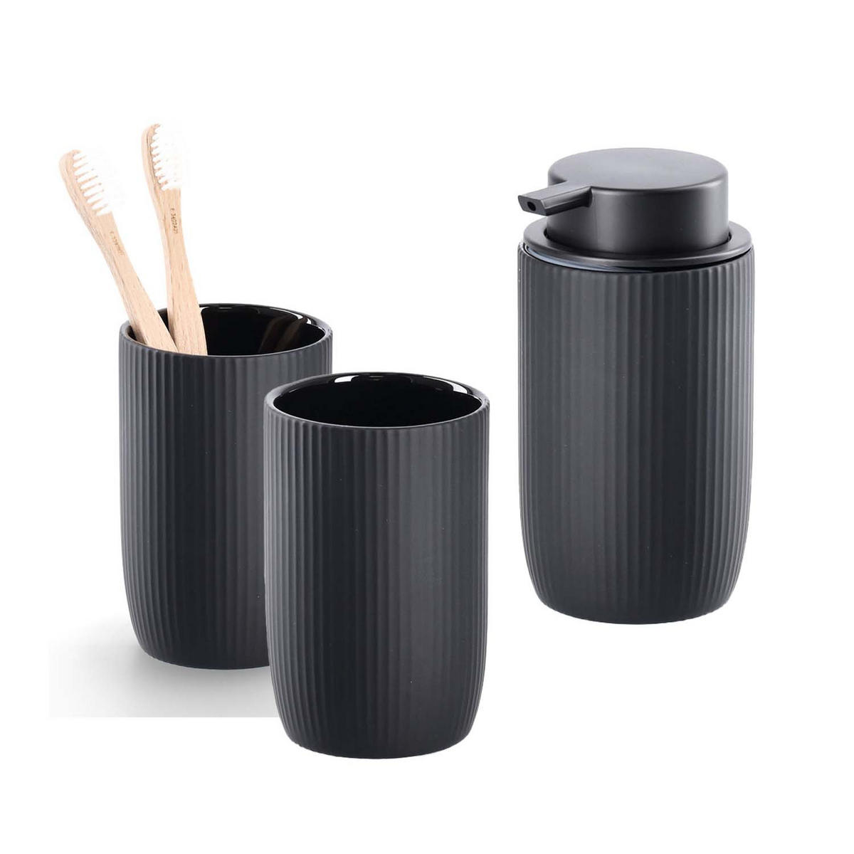 BADACCESSOIRES - Keramik Schwarz, 3-teiliges Set - Schwarz, Keramik (7.7/14.4/7.7cm) - Zeller Present