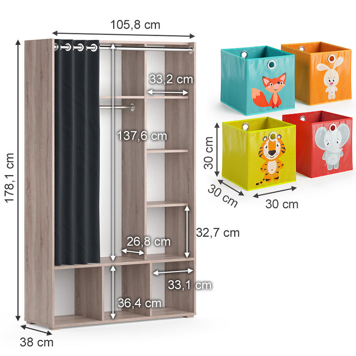 KINDERKLEIDERSCHRANK Luigi Sonoma 105.8 x 178.1 cm Mit Faltboxen (bunt) - Multicolor/Sonoma Eiche, Holzwerkstoff (105.8/178.1/38cm) - Vicco