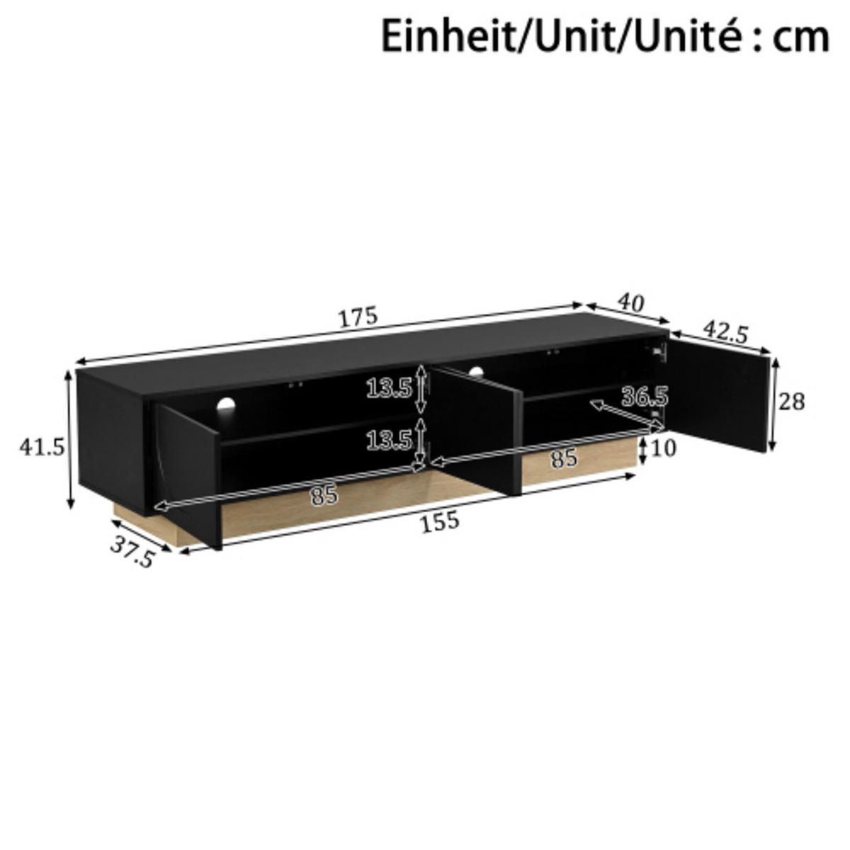 SIDEBOARD mit Holzmaserung schwarz 175×40×41,5 cm aus MDF - Schwarz, Holzwerkstoff (175/41.5/40cm) - Luhomfu