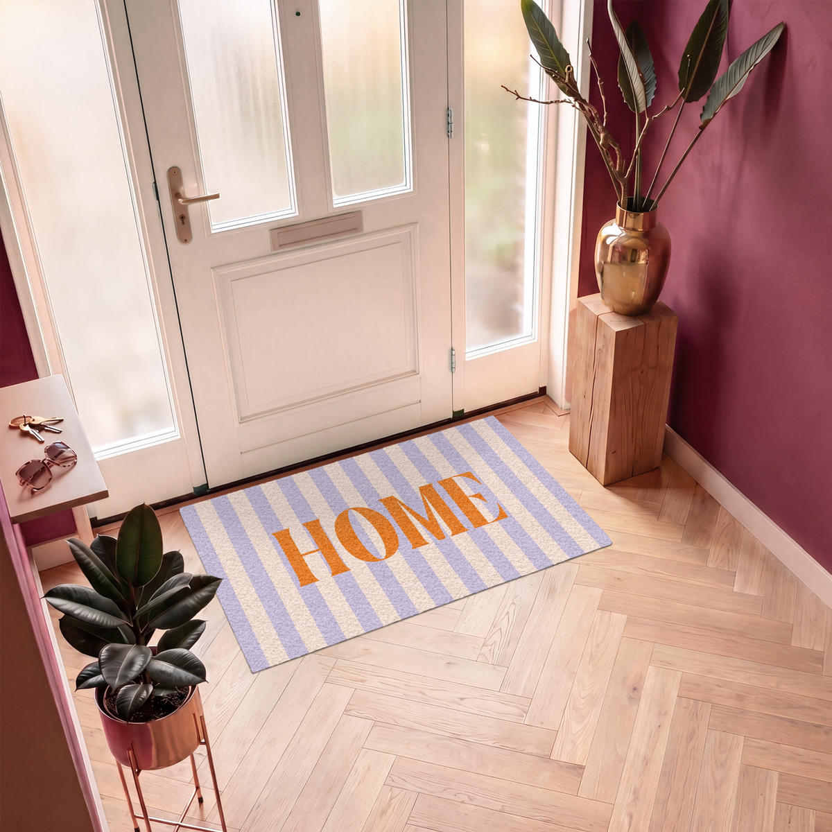 FUSSMATTE Lila – Orange – Streifen – Startseite 120x80 cm - Flieder, Kunststoff (120/0.4cm) - MuchoWow