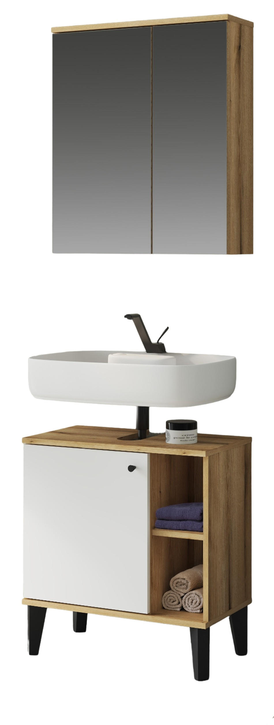 BADMÖBEL-SET 2-teilig weiß, Evoke Eiche, Badkombination 60 cm - Eichefarben/Schwarz, Glas/Holzwerkstoff (60/190/33cm) - Furn.Design