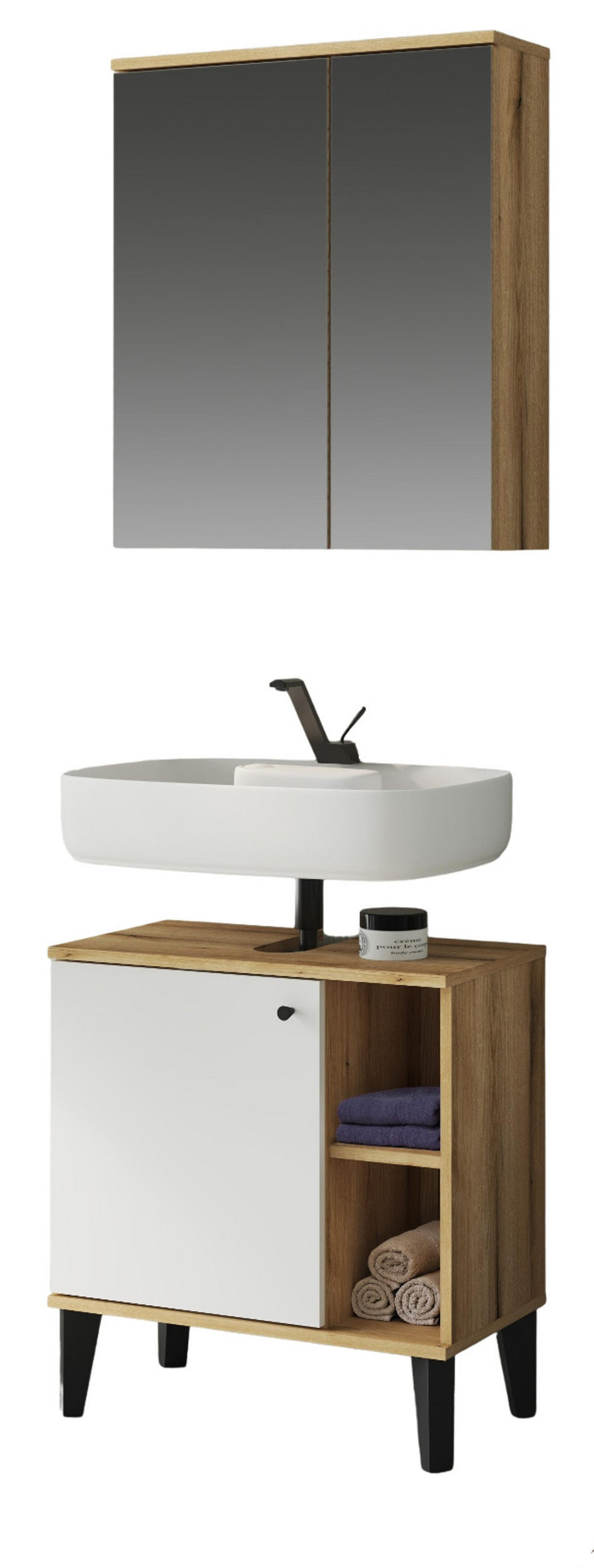 BADMÖBEL-SET 2-teilig weiß, Evoke Eiche, Badkombination 60 cm - Eichefarben/Schwarz, Glas/Holzwerkstoff (60/190/33cm) - Furn.Design