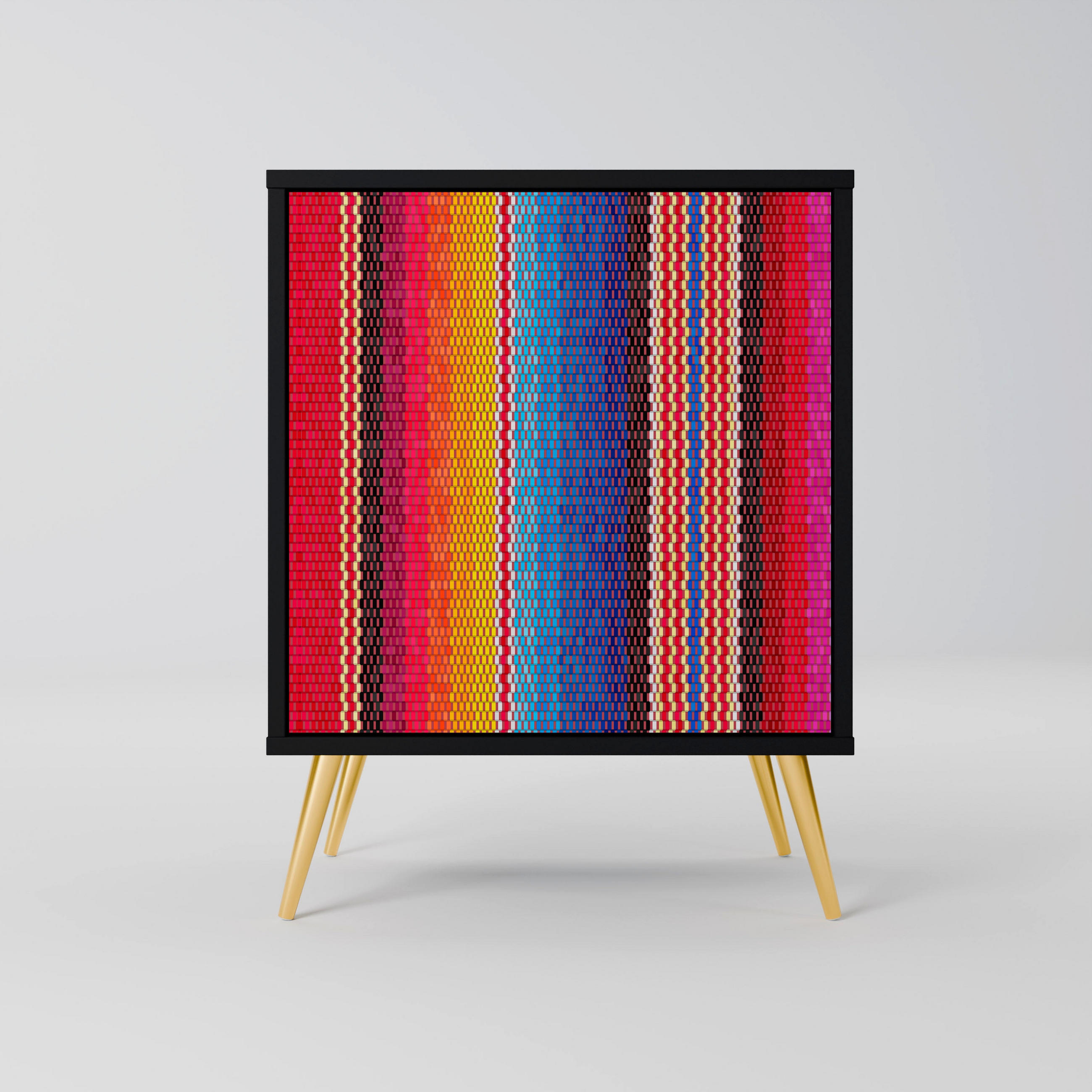 SIDEBOARD ETHNIC MEXICAN, Schwarz, 57,5x42x75,5 cm, Goldfarbene Metallfüße - Goldfarben/Multicolor, Holzwerkstoff/Metall (57.5/75.5/42cm) - SpaceRebels