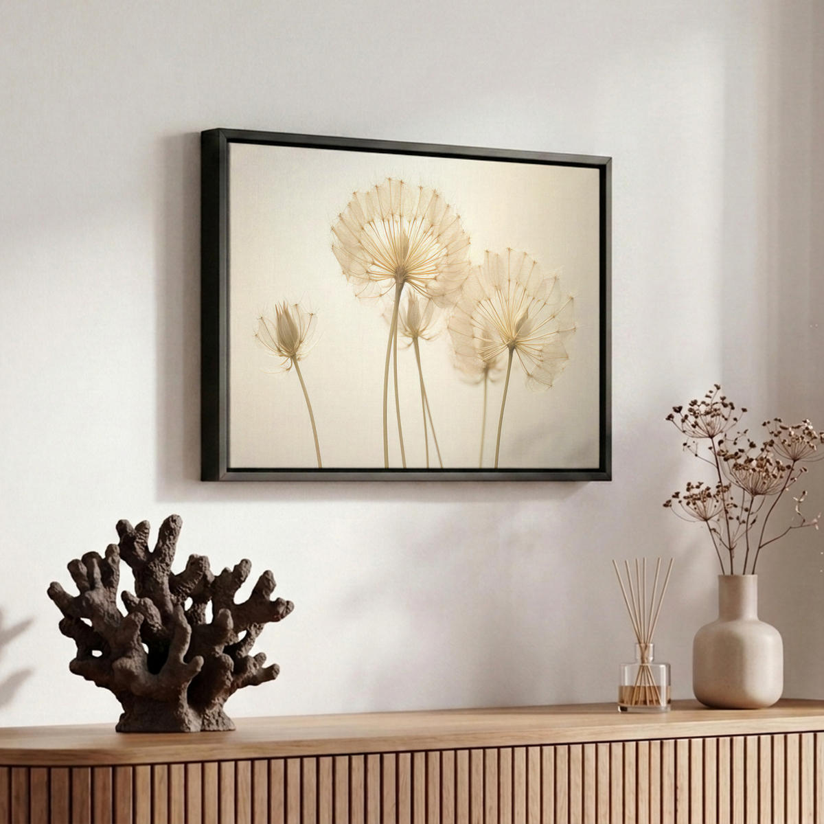 LEINWAND Bilder mit Rahmen - Sonnenlicht - Löwenzahn - Botanisch - Blumen - 30x20 - Creme, Textil (30/20cm) - MuchoWow