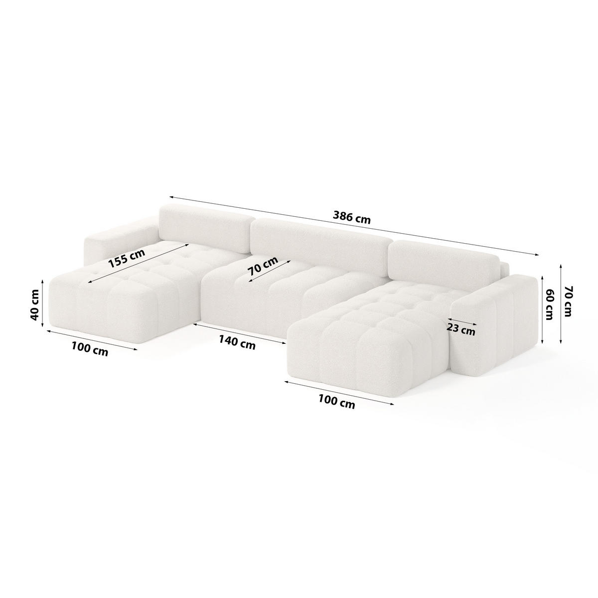 ECKSOFA Bouclé-Stoff 10 Sitzer Bornum U, Creme - Creme, Textil (386/70/155cm) - Meblito