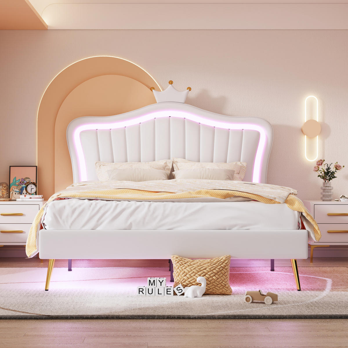 POLSTERBETT 140/200 cm weiß mit LED-Beleuchtung und Kronen-Kopfteil - Weiß, Textil (140/200cm) - OKWISH