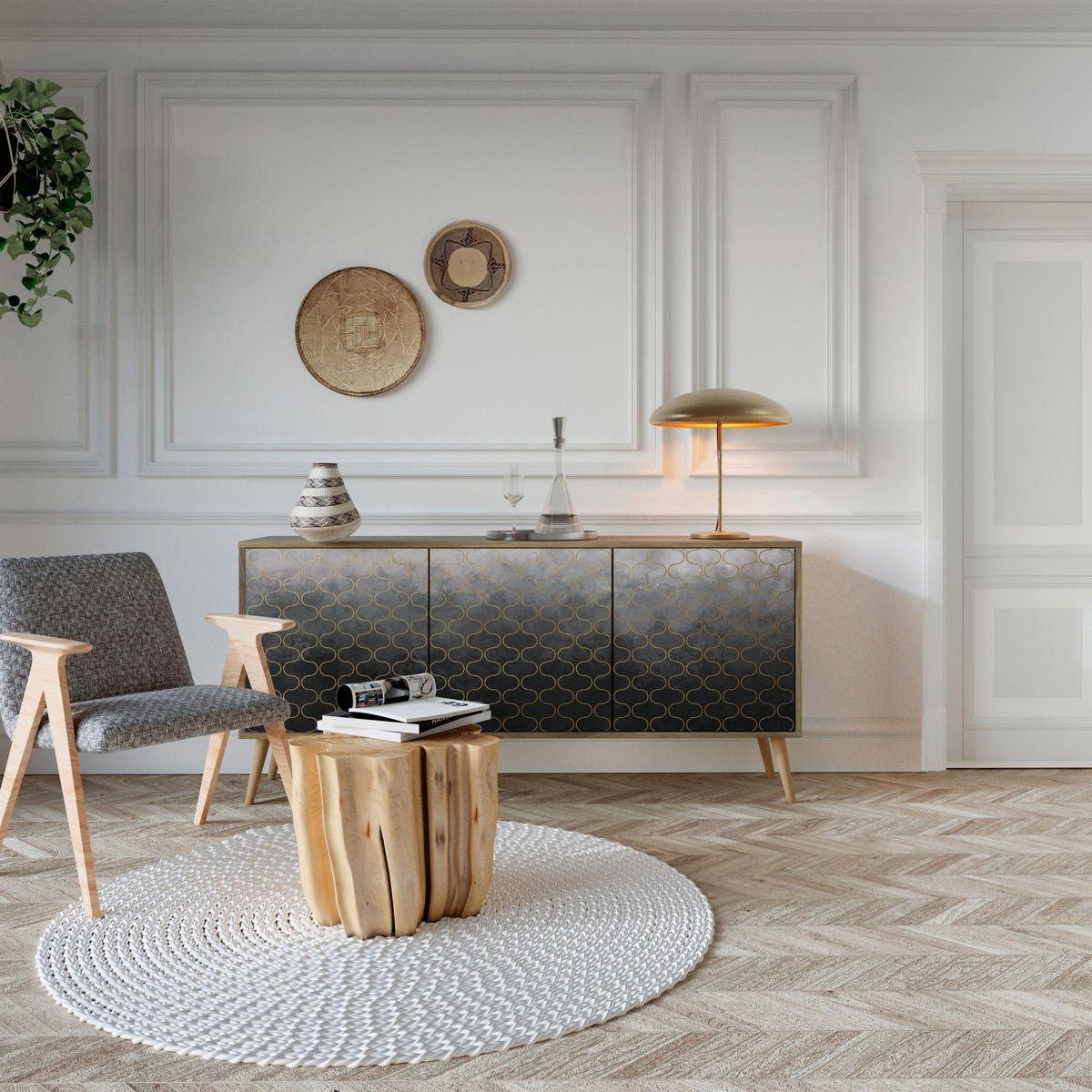 SIDEBOARD TESSELATED GRAYISH, Eicheneffekt, 164,5x42x77,5 cm, 3 Türen - Eichefarben/Buchefarben, Holzwerkstoff/Buchenholz (164.5/77.5/42cm) - SpaceRebels