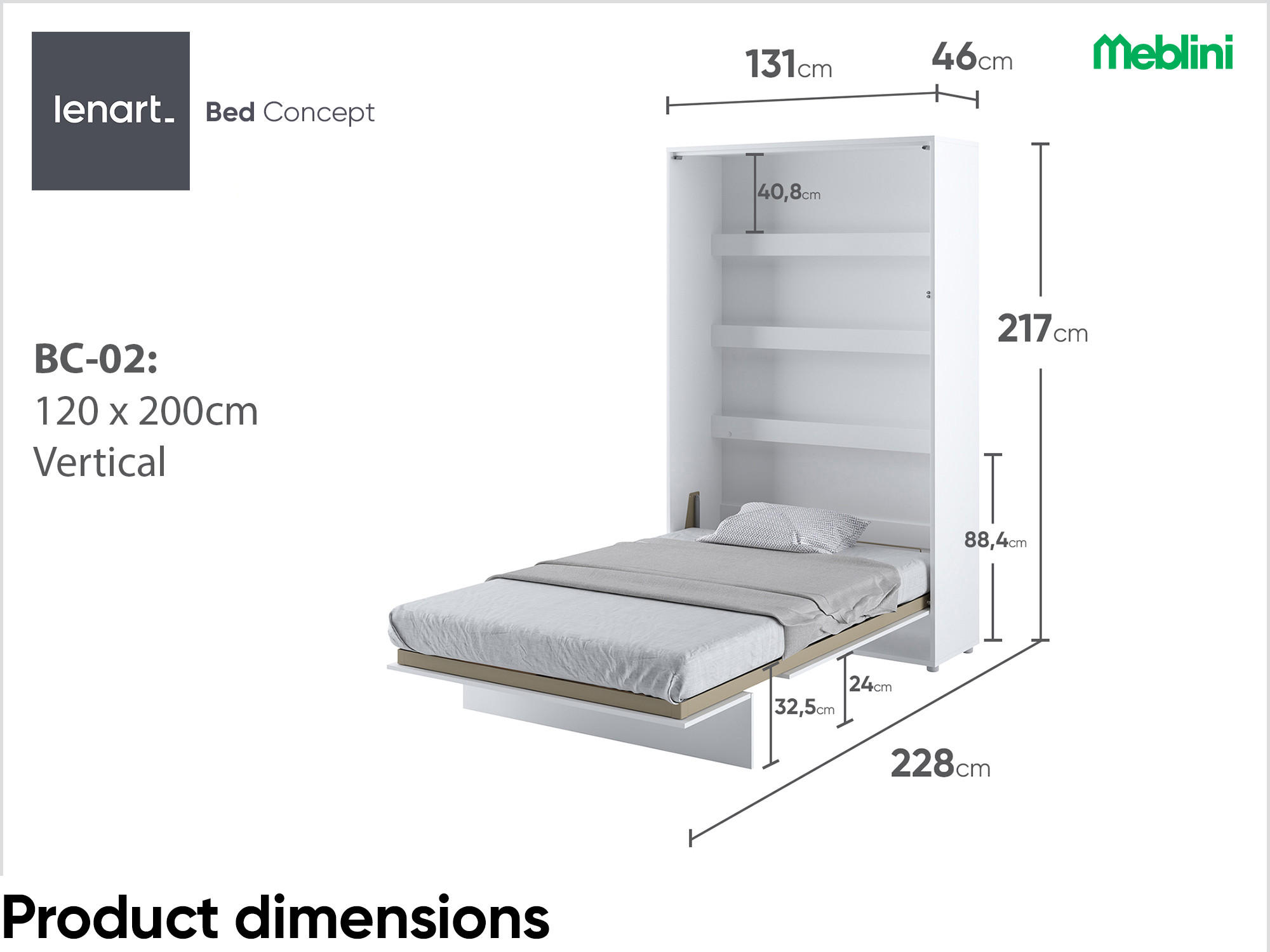 SCHRANKBETT BC-02 - 120x200cm Vertikal - Weiß Mat - Weiß, Holzwerkstoff (120/200cm) - Meblini