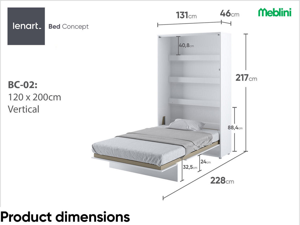 SCHRANKBETT BC-02 - 120x200cm Vertikal - Weiß Mat - Weiß, Holzwerkstoff (120/200cm) - Meblini