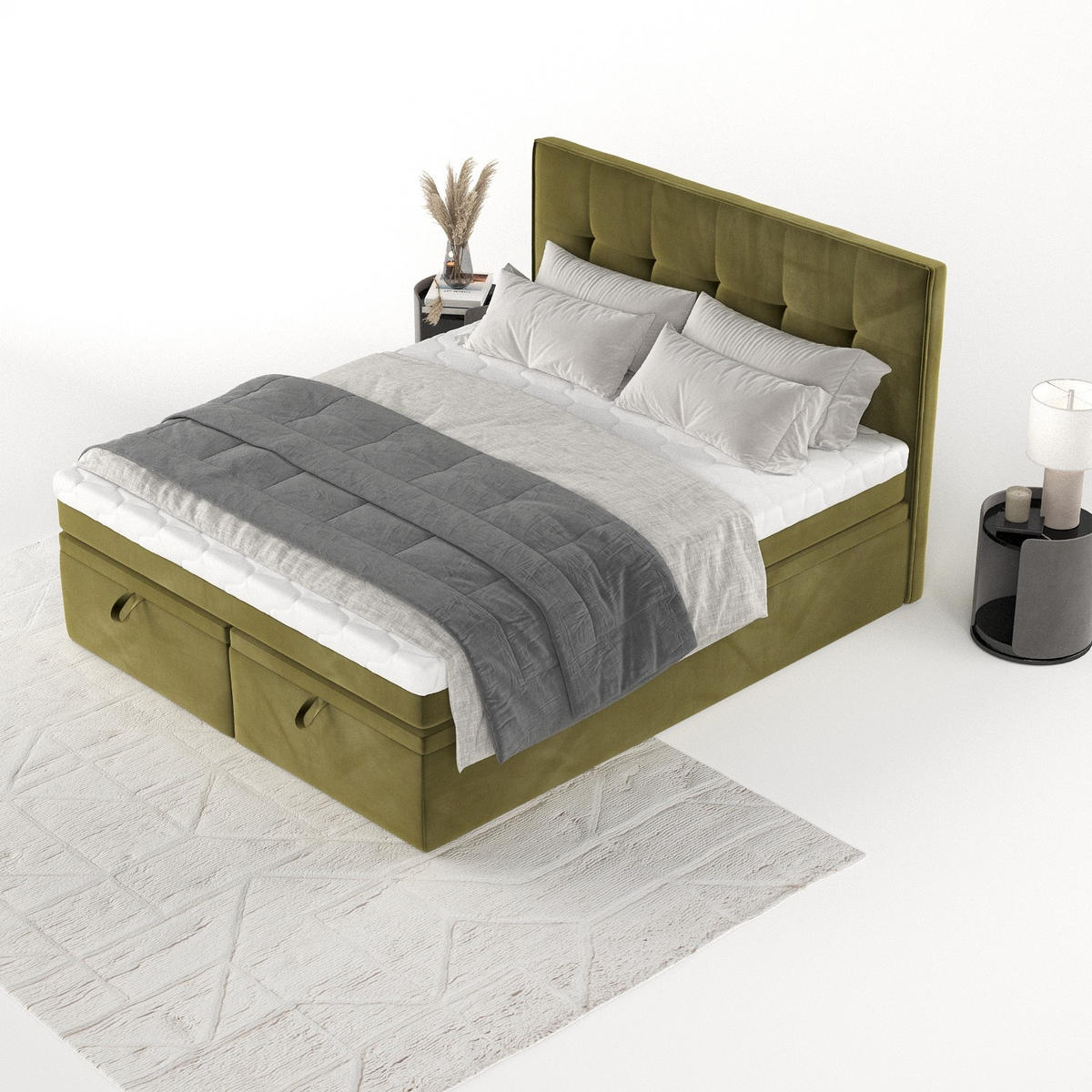 BOXBETT Arivo 160/200 cm Olivgrün im Kronos Stoff - Schwarz/Olivgrün, Holz/Holzwerkstoff (160/200cm) - AltaBeds