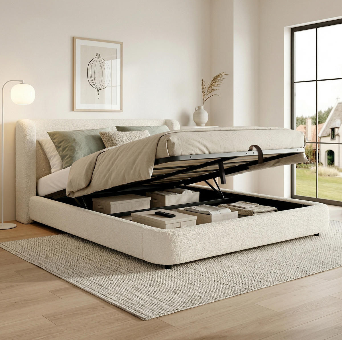 POLSTERBETT mit Bettkasten 180x200 cm Bouclé Beige - Beige, Metall (180/200cm) - Beauniv