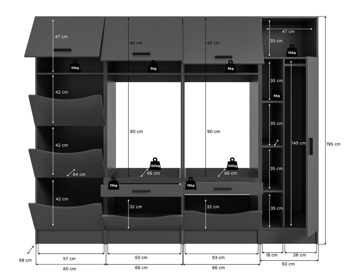 WASCHMASCHINENSCHRANK grau Set 4-teilig 242 x 196 cm, viel Stauraum - Schwarz/Grau, Holzwerkstoff/Kunststoff (242/196/68cm) - Inn.Furn