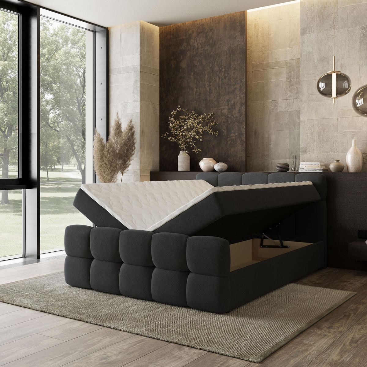 BOXBETT BRUME 180x200 cm mit Matratze und Topper, H2+H3 - Schwarz - Schwarz, Holz (180/200cm) - MASSENO