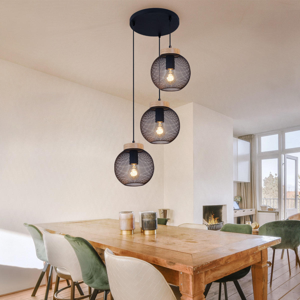 HÄNGELEUCHTE Metall Drahtgeflecht Schwarz - Schwarz, Holz (44/44/120cm) - Globo Lighting