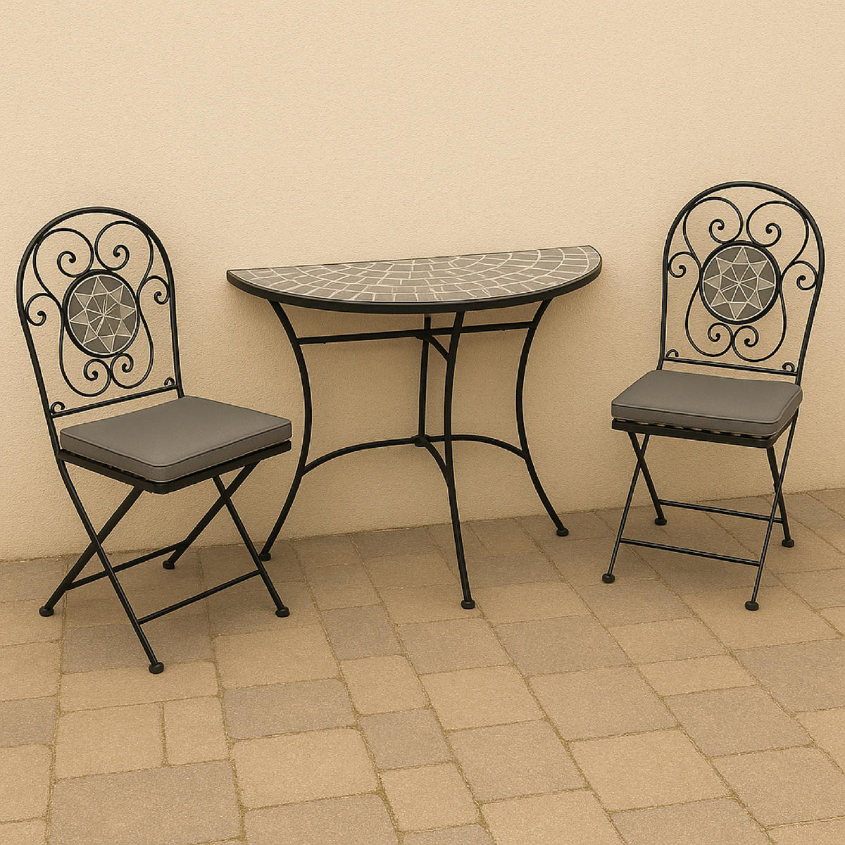 BISTROSET Derby - Gartenset 3-teilig (2x Klappstuhl, 1x Wandtisch 90x45cm halbrund) aus schwarz pulverbeschichtetem Eisen - Grau, Metall - TPFGarden