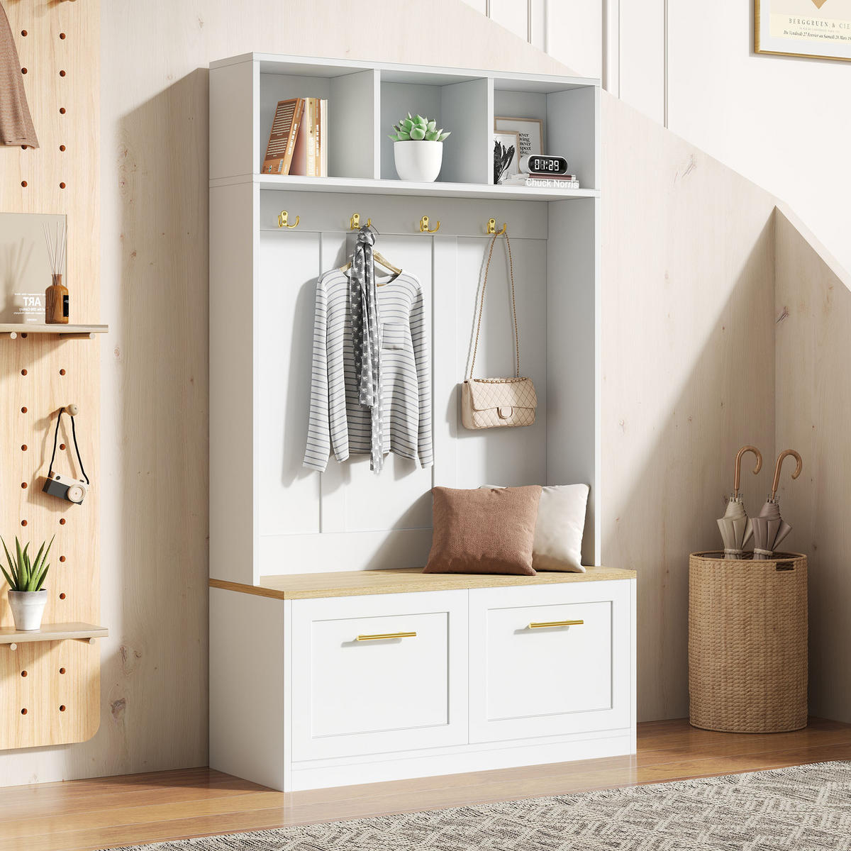 GARDEROBENSET Kompakt mit Sitzbank Natur Weiß 105x40x180cm 4 Haken - Multicolor, Holzwerkstoff (40/180/105cm) - FLIEKS