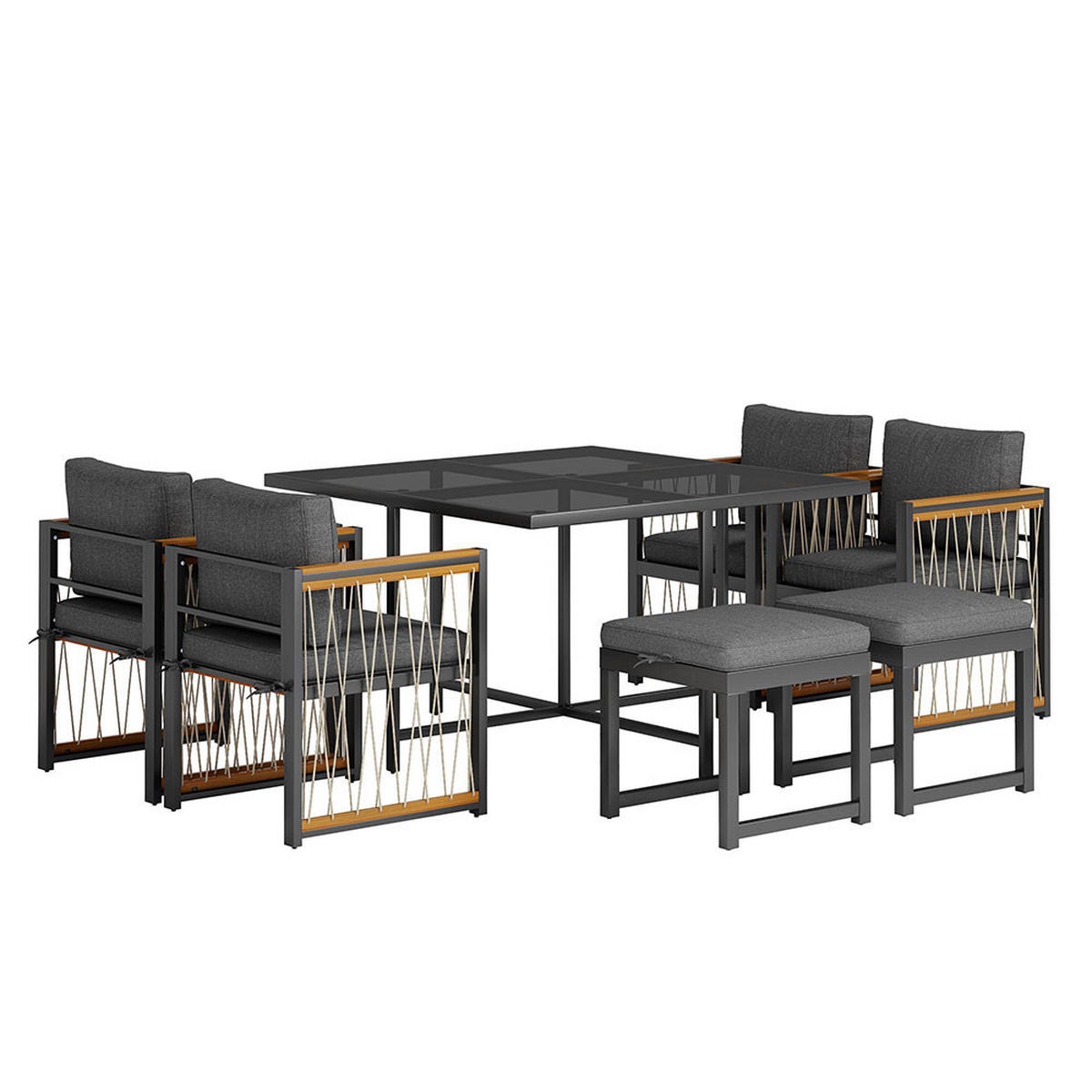 DINING-LOUNGESET für 6 Personen mit Tisch aus gehärtetem Glas - Schwarz, Metall - KOMHTOM