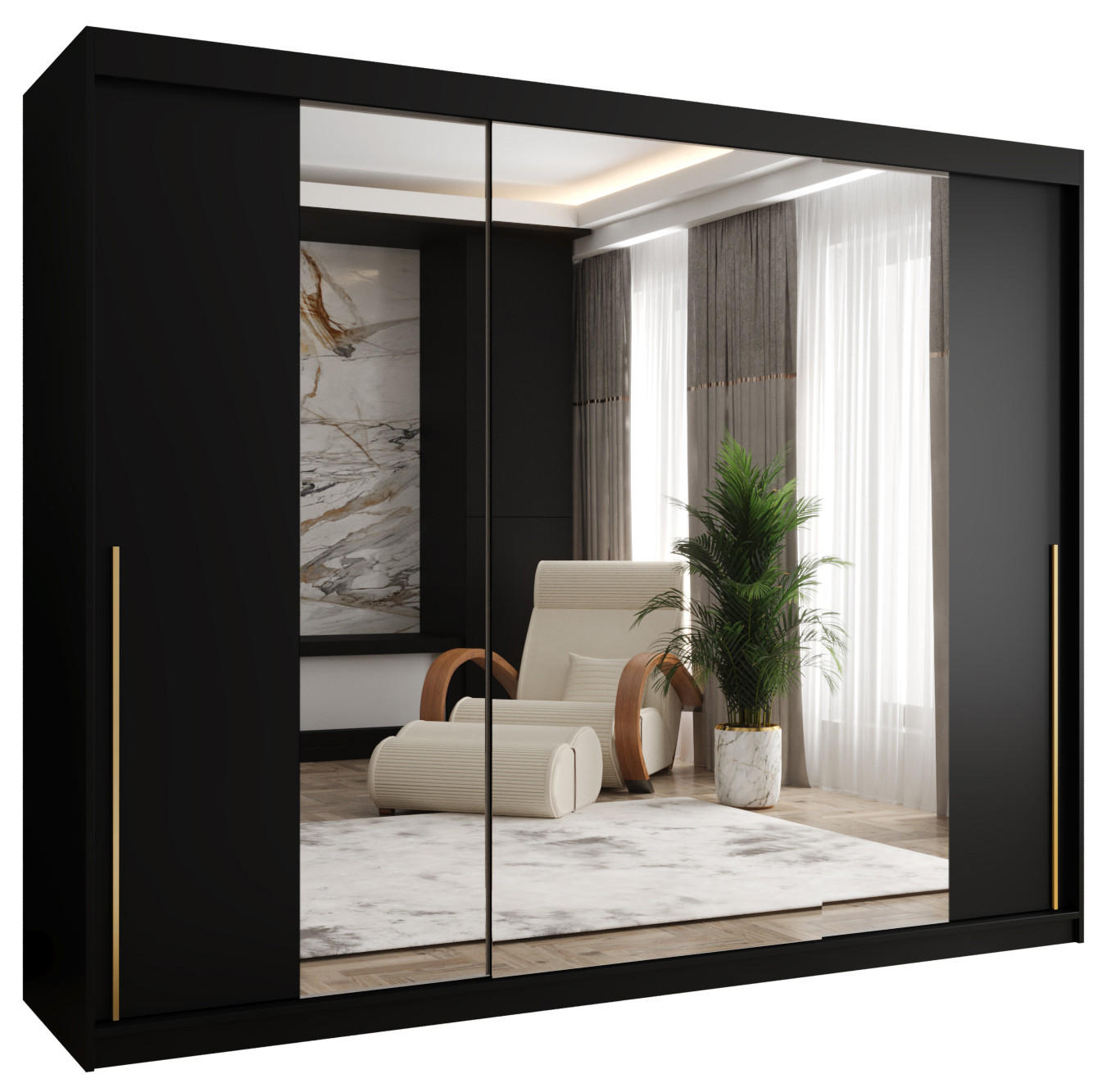 SCHIEBETÜRENSCHRANK mit Spiegel 250 cm Breite, schwarz mit goldenem Griff - Goldfarben/Schwarz, Holzwerkstoff (250/200/62cm) - Home Collective