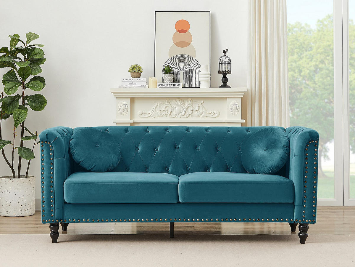 SOFA 3-Sitzer - Samt - Grünblau - TURNER - Blau, Textil (190/79/77cm) - Vente-Unique