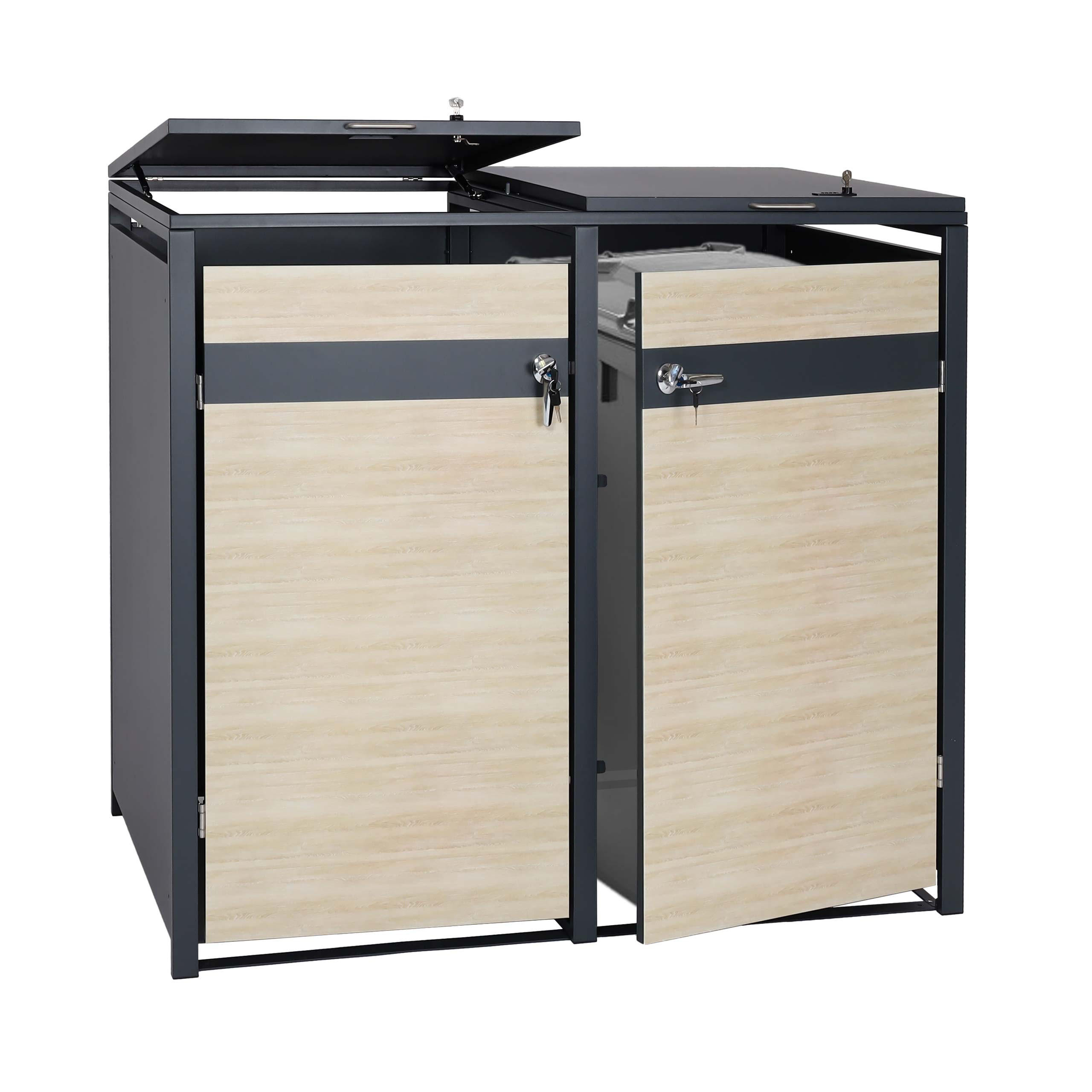 MÜLLTONNENBOX 2er 117x132x80cm Anthrazit Buche-Holzoptik Hellbraun - Hellbraun, Metall (132/117/80cm) - PROREGAL
