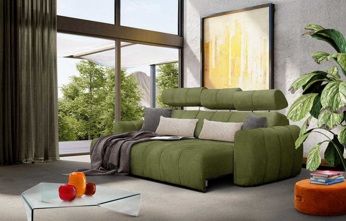 ECKSOFA KIMI 3-Sitzer, ausziehbarer Sitz, verstellbare Kopfstützen, olivgrün - Schwarz/Olivgrün, Holzwerkstoff/Textil (270/160cm) - Courtois Laville