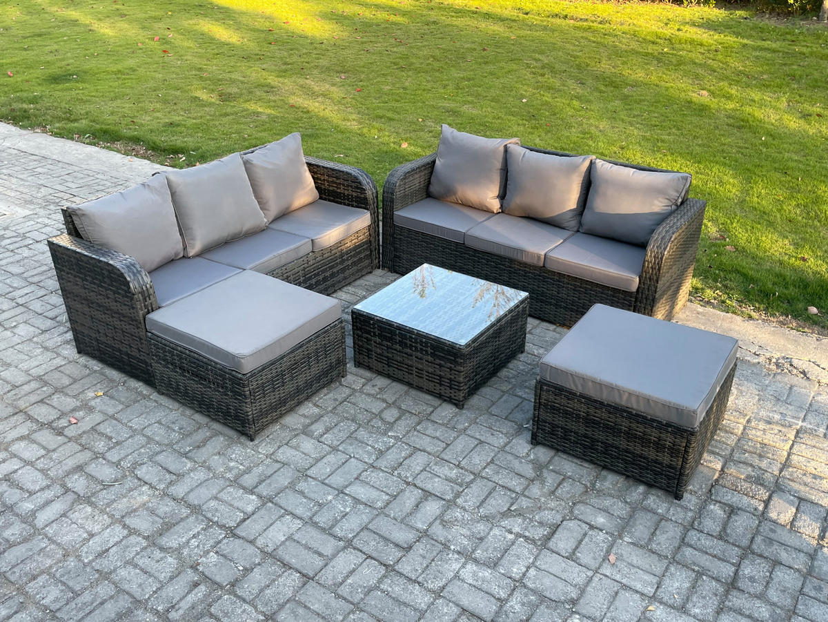 GARTENTISCHGRUPPE Polyrattan Dunkelgrau 5-teilige - Dunkelgrau/Grau, Glas/Kunststoff - Fimous
